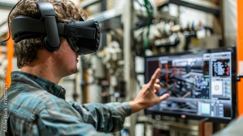 Virtual Reality (VR) headset being worn by an engineer simulating the experience of controlling and manipulating