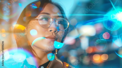 Asian woman immersed in a world of connectivity, configuring smart home systems with a fusion of tradition and innovation