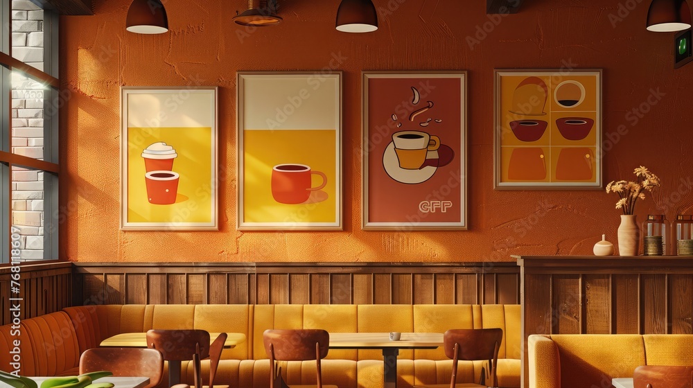 Fototapeta premium A chic cafe interior with a set of frame mockups exhibiting colorful illustrations of coffee beans and cups.