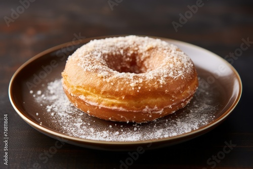 Exquisite doughnut on a rustic plate against a minimalist or empty room background