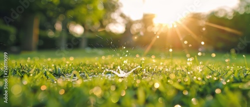 Water sprinkler spraying droplets on a vibrant green lawn with sunflare, symbolizing garden care and summer freshness. © Volodymyr
