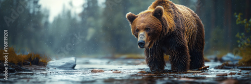 large brown grizzly bear catch fish in forest river in nature. Panoramic wide summer landscape