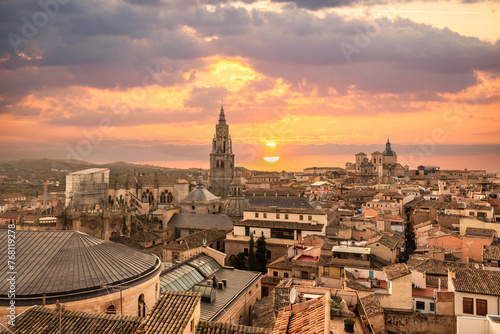 Sunset from the rooftops in the medieval city of Toledo in Castilla La Mancha, Spain photo