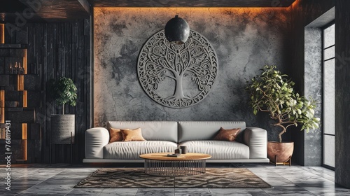 a captivating visual featuring a tree mandala on a cool-toned wall, with a modern sofa adding a touch of sophistication.