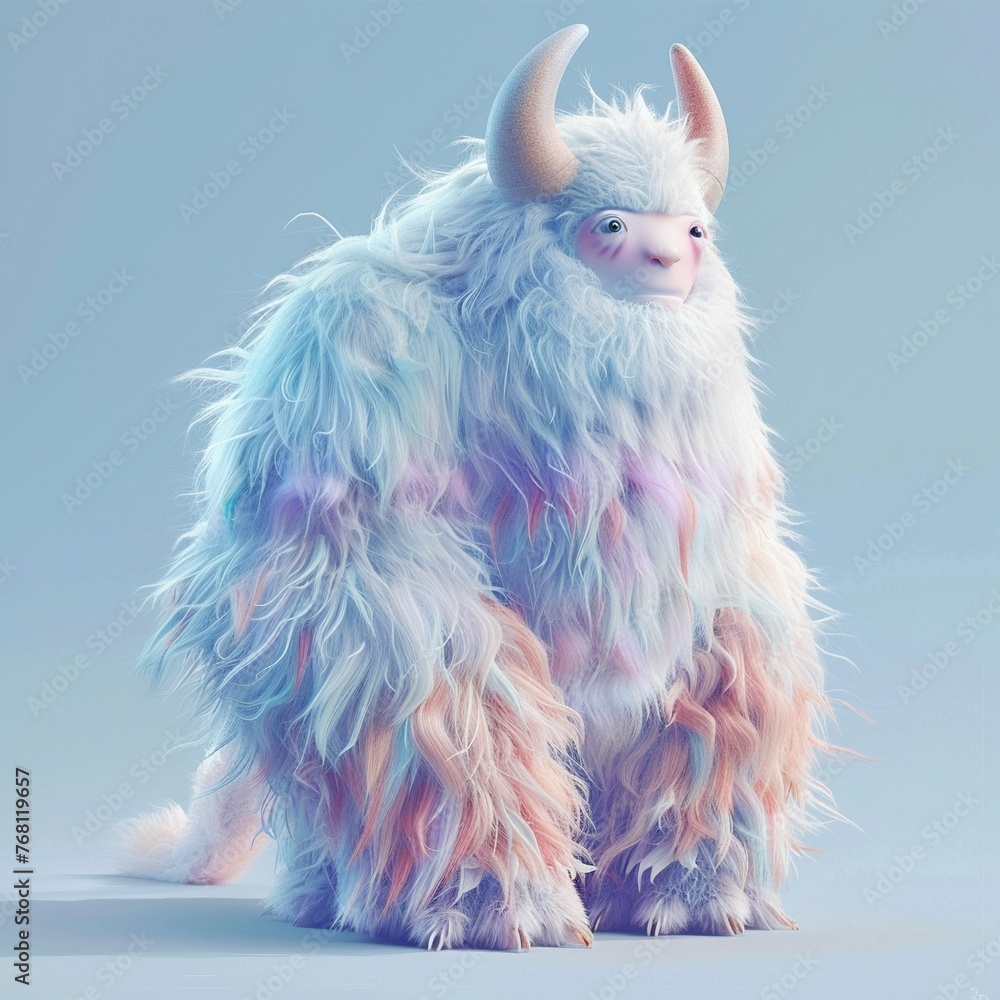 Pastel shades blending seamlessly on a massive furry creature 3d cartoon flat design