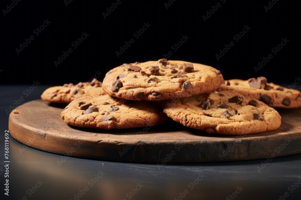Juicy chocolate chip cookies on a slate plate against a minimalist or empty room background Juicy chocolate chip cookies on a slate plate against a minimalist or empty room background
