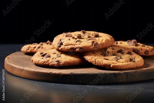 Juicy chocolate chip cookies on a slate plate against a minimalist or empty room background