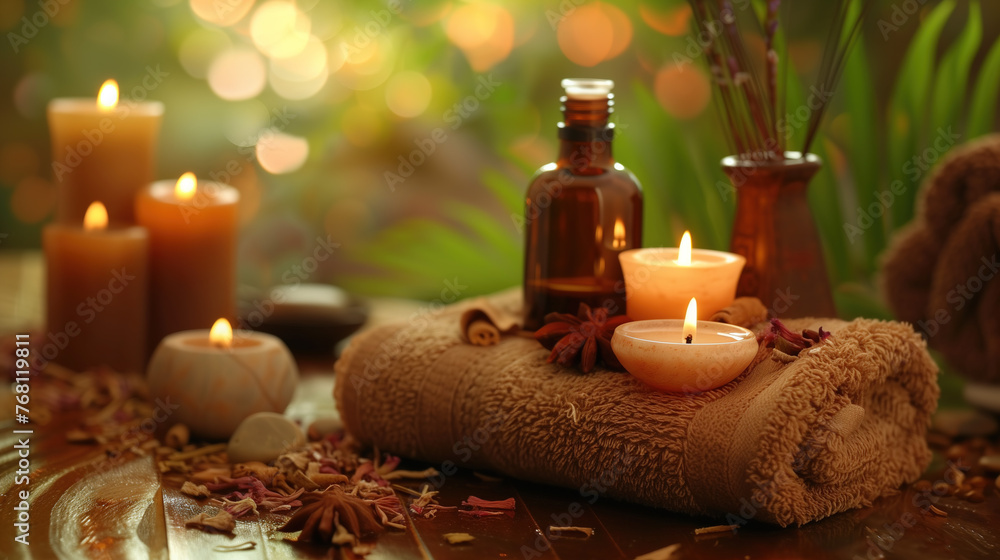 A relaxing spa environment with candles, essential oils A relaxing spa environment with candles, essential oils