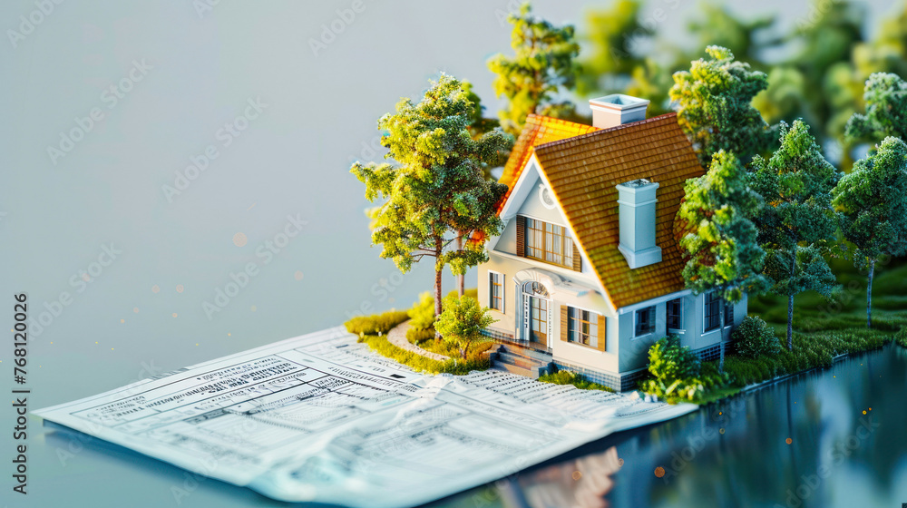 A charming miniature house model placed neatly on a pile of newspapers, depicting concepts of real estate, investment, or market news - obrazy, fototapety, plakaty 