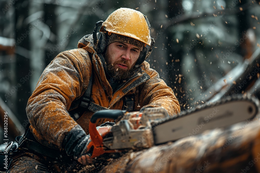 Lumberjack with chainsaw cutting through wood