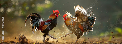Intense Rooster Fight in a Dusty Field with Flapping Wings and Clashing Beaks. photo