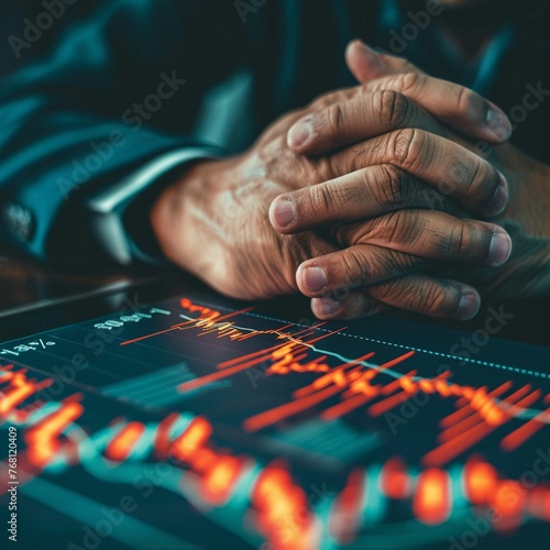 Close-up of hands wringing over a graph showing market crash photo