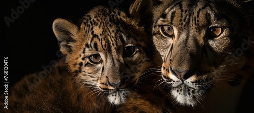 Snow leopard father and cub portrait with empty space on the left for text placement