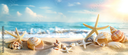 A stunning beachfront scene with seashells and starfish on the sand, highlighted by the glowing warmth of the sun.