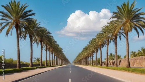 A beautiful road having side lights in ancient style and side by side of road palm trees and clear sky with clouds