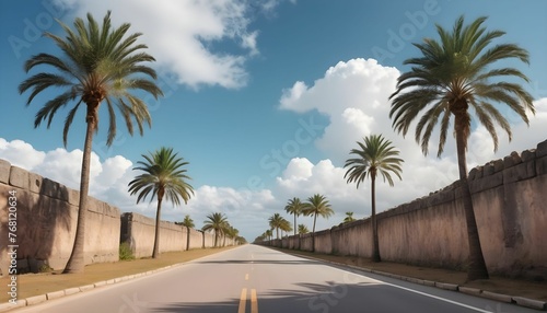 A beautiful road having side lights in ancient style and side by side of road palm trees and clear sky with clouds