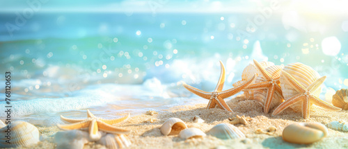 Bright beach scene with sparkling water, starfish, and seashells on the sand, conveying a serene and inviting summer vibe. © Enigma