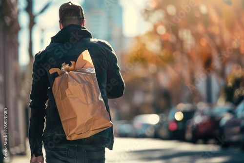 A courier delivers a bag of food