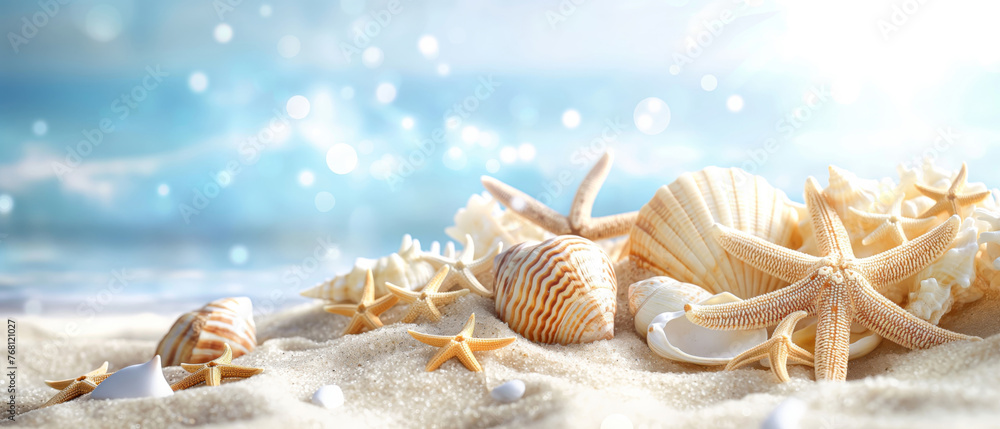 Seashells and starfish on sparkling sand with a soft focus on the ocean, creating a dreamy and magical beach scene.