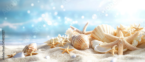 Seashells and starfish on sparkling sand with a soft focus on the ocean, creating a dreamy and magical beach scene. © Enigma