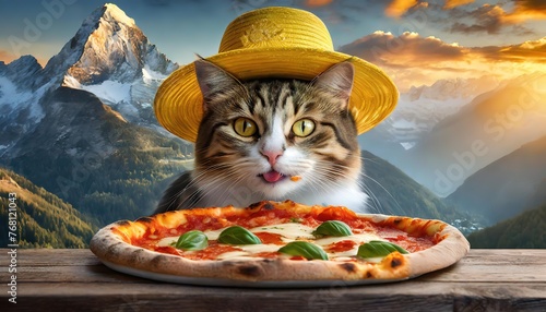 cat eating pizza, parrot eating pizza, animals eating pizza, hawaiian pizza, sicilian pizza, margarita pizza, cat in hat, cat with glasses, dog in hat, dog with glasses, rasta parrot, parrot with glas