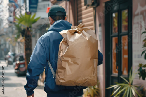 A courier delivers a bag of food