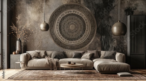 a captivating scene featuring an intricate mandala on a taupe wall, enhancing the aesthetic appeal with a cozy sofa.
