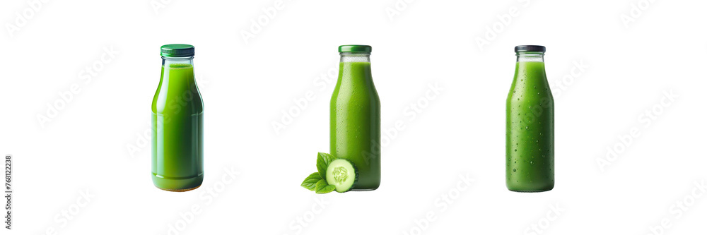 Set of bottles of green cucumber juice illustration, isolated over on transparent white background Set of bottles of green cucumber juice illustration, isolated over on transparent white background