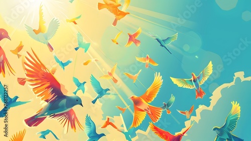 Illustration of a flock of birds flying in the sky. © KHF