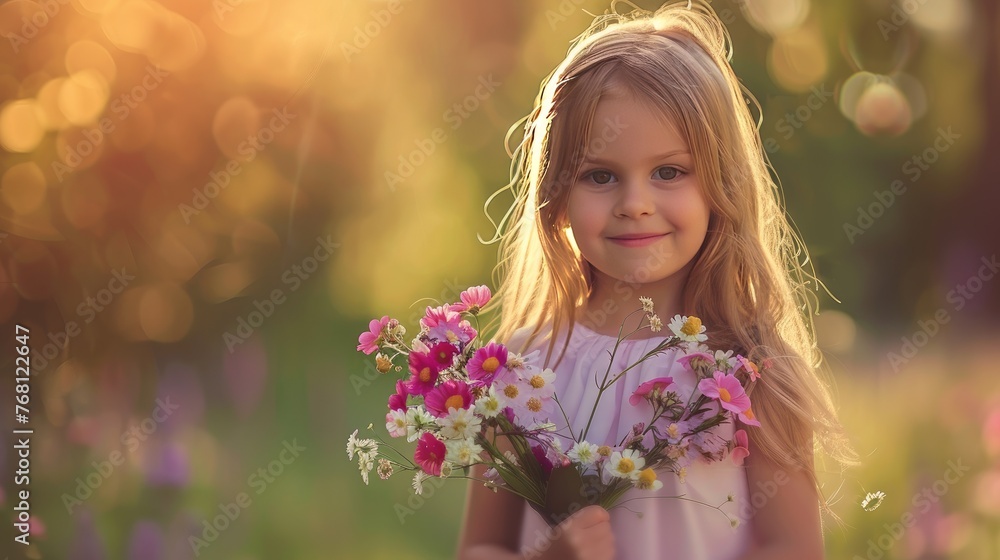 Fototapeta premium Little girl holds a radiant bouquet amid picturesque surroundings.