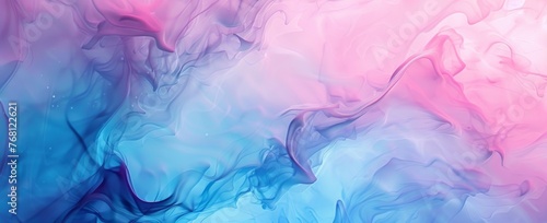 Radiant light dances across liquid waves in a serene abstract of glossy pink and blue  creating a tranquil holographic effect.