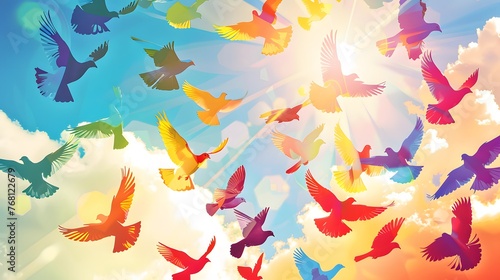 Illustration of a flock of birds flying in the sky. © KHF