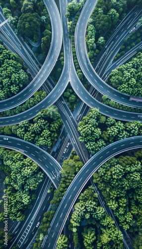 Aerial view of complex multilevel highway junction interchange on expressway for detailed analysis