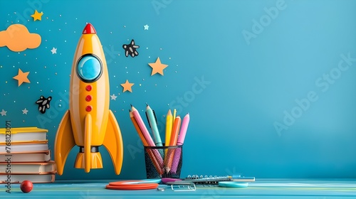 Back to school background with rocket made from pencils, Back to school concept with rocket made from pencils over chalkboard background Ai Generated 