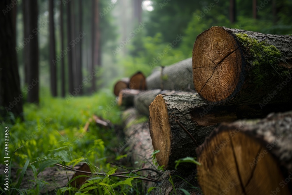Stacked logs with detailed tree rings in forest Stacked logs with detailed tree rings in forest