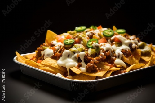 Delicious nachos on a plastic tray against a minimalist or empty room background