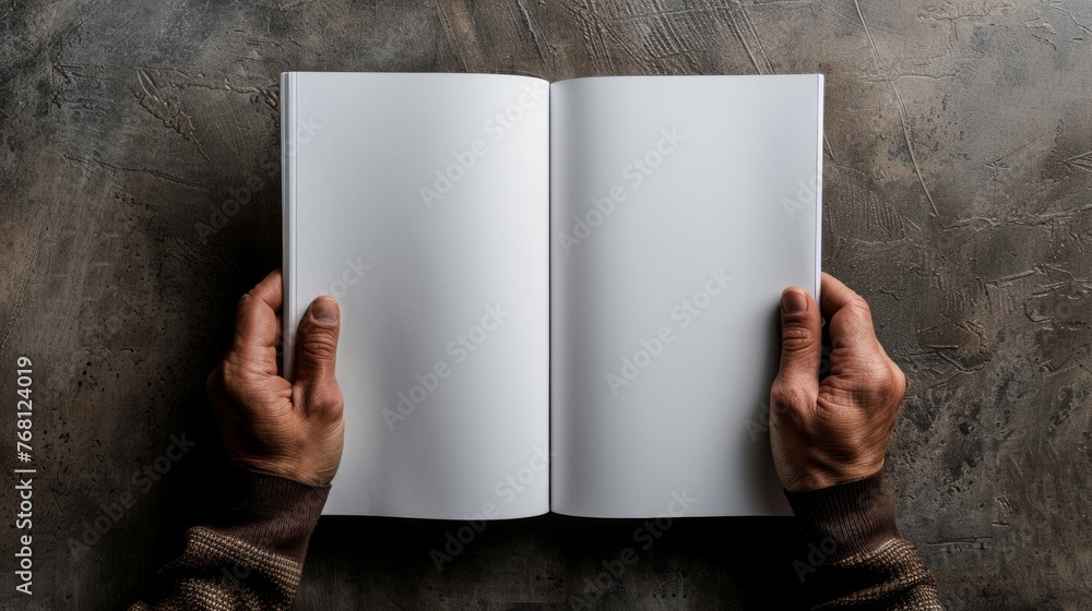 Open blank book held in hands on textured surface - obrazy, fototapety, plakaty 