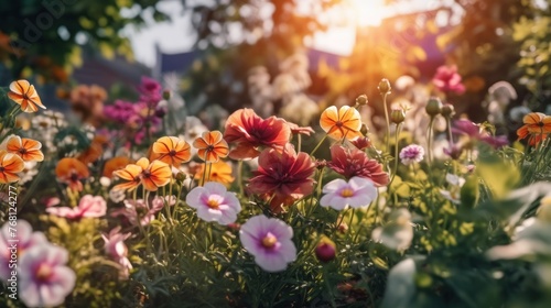 Beautiful cosmos flowers blooming in garden, AI generated