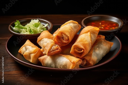 Tasty spring rolls on a rustic plate against a minimalist or empty room background