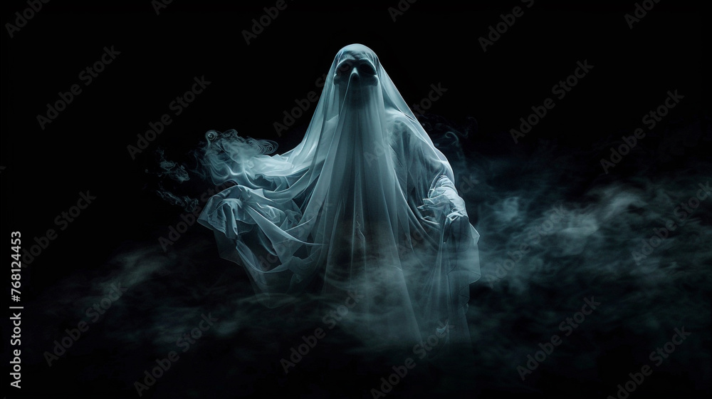 A ghostly figure draped in flowing white fabric A ghostly figure draped in flowing white fabric