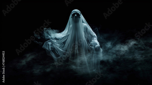 A ghostly figure draped in flowing white fabric