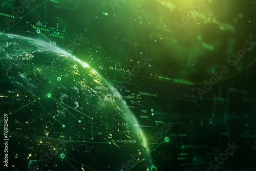Global network with glowing nodes and connection lines on dark green background. Abstract digital concept. Earth Day wallpaper