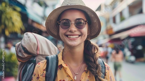 Young attractive smiling woman wearing a straw hat and sunglasses. She is standing in a street with a backpack on her shoulder. photo
