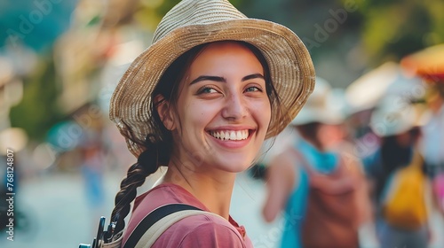 Young beautiful smiling woman wearing a straw hat and pink shirt, looking at the camera.