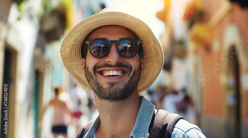 Fototapeta Naklejka Na Ścianę i Meble -  Young man wearing a straw hat and sunglasses smiles happily while on vacation in a sunny location.