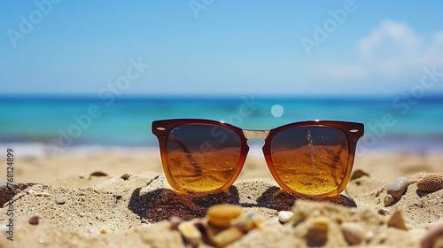 Summer beach with sunglasses on sand. Relaxing sunny day at seaside.
