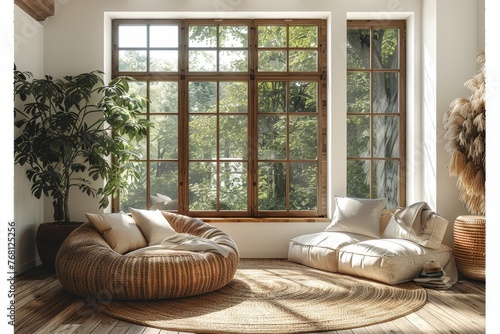 a room with a large window and a round rug and a large round chair