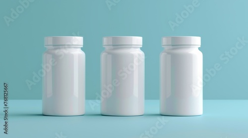 Blank white supplement bottles on blue background