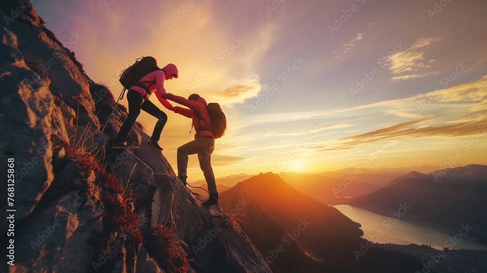 Friends helping each other hike up a mountain at sunrise. Giving a helping hand, and active fit lifestyle concept. - obrazy, fototapety, plakaty 