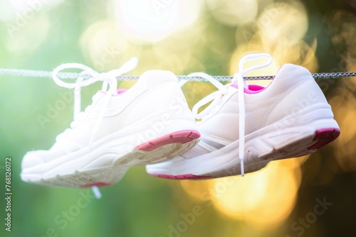sneakers dried on a rope in the summer sunny garden